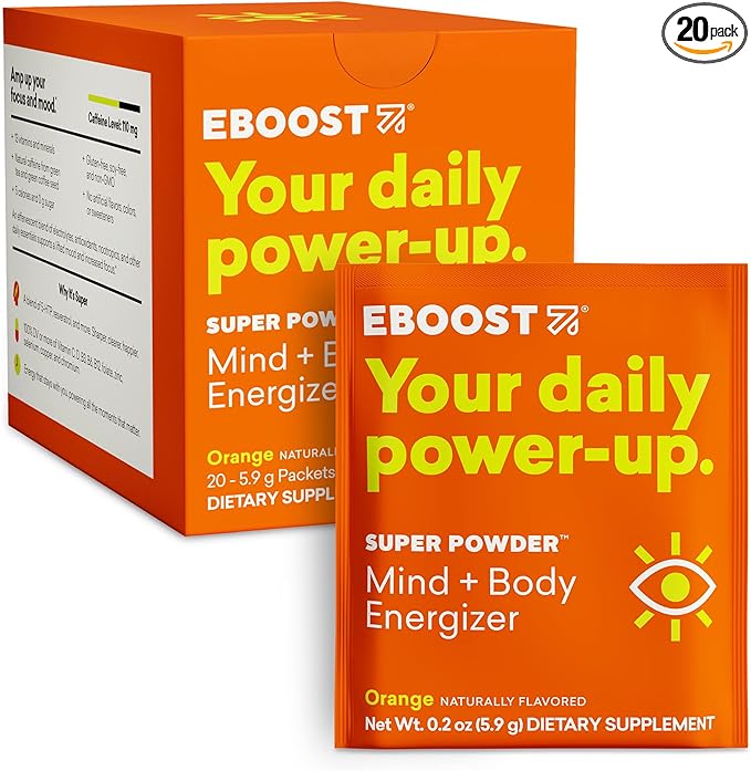 EBOOST Super Powder Drink Mix - Orange 0.2 oz 20 Pack Hydration Energizer Electrolytes Powder - 13 Vitamins &amp Minerals - 110 mg Caffeine - 0 Added Sugar - No Artificial Flavors or Sweeteners