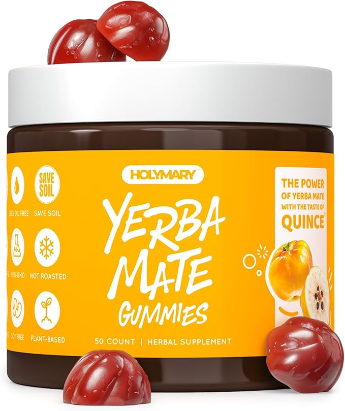 HOLYMARY Yerba Mate Gummies Quince - Made with Organic Unroasted Yerba Mate. Free from Added Caffeine. Vegan Non-GMO Gluten-Free Kosher. 50 Delicious Supplement Gummies