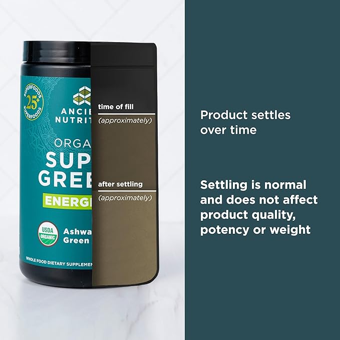 Ancient Nutrition Organic SuperGreens Energizer Powder with Probiotics and B12 Made from Real Fruits Vegetables and Herbs for Digestive Detoxification and Energy Support 25 Servings