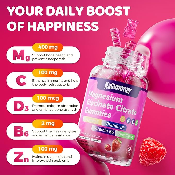 Magnesium glycinate Gummies High Absorption Magnesium Glycinate- Sugar Free Vegan Gummies for Adults with Vitamin D3 Zinc - Sleep Stress Bone &amp Memory Support - 60 Count Raspberry