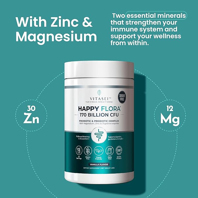 VITASEI Happy Flora Probiotic &amp Prebiotic Complex with Magnesium and Zinc - 16 oz