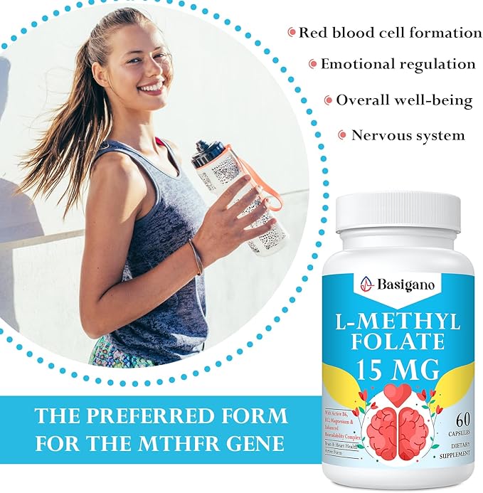 15mg L Methylfolate (5-MTHF)- Active Folic Acid-Enriched with Vitamins B6 and B12-60 Vegetarian Capsules - Non-GMO Gluten-Free