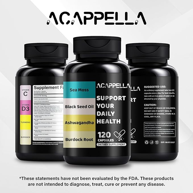 ACAPPELLA Sea Moss Ashwagandha Black Seed Oil Burdock Root Capsule with Vitamin C &amp D3 Turmeric Bladderwrack SupplementMixed Apple Cider Vinegar Elderberries Chlorophyll Element (1)