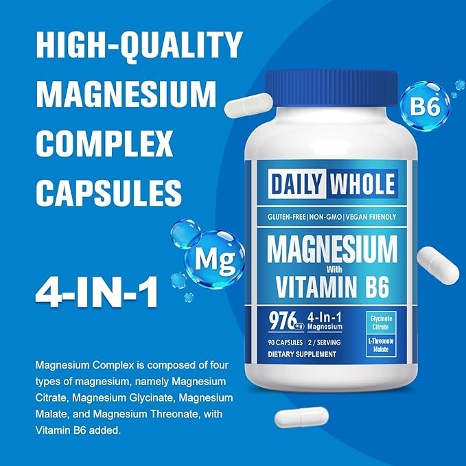 Magnesium Glycinate 4-in-1 Complex 976mg of Magnesium Glycinate Citrate Malate L-Threonate &amp Vitamin B6 Supplement for Health | Third Party Tested - 90 Capsules