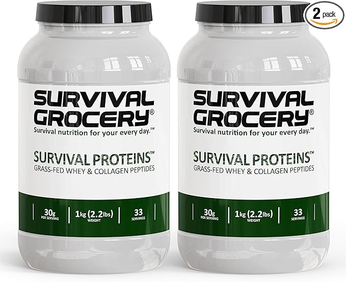 Survival Grocery® - Survival Proteins™ Grass-Fed Whey Protein &amp Grass-Fed Collagen Peptides (Types I &amp III) Unflavored Gluten Free for Hair Nail Skin Bone &amp Joint Health (2 kg./ 2 Ju
