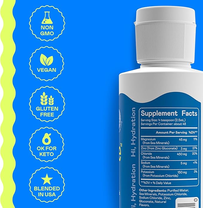 Hi-Lyte Low Sodium Electrolyte Supplement for Immune Support Fasting and Rapid Hydration | 48 Servings | Magnesium Potassium Zinc | Unflavored Mineral Taste Drops