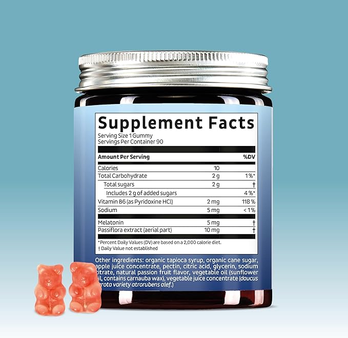 Bears with Benefits Vegan Melatonin 5mg Gummies Sleep Gummies for Reduced time to Fall Asleep with Vitamin B6 &amp Passion Fruit Extract - Super Snooze Sleep Vitamin (30 Gummies)