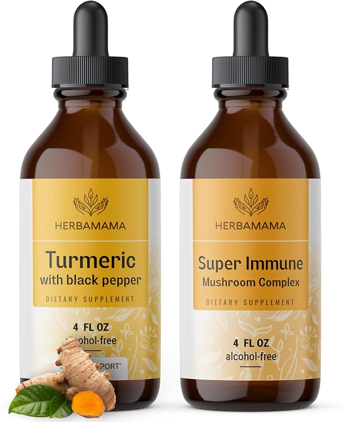 HERBAMAMA Liquid Drops Kit - Bundle of Turmeric Curcumin &amp Super Immune Mushroom Complex Tincture - Vegan Non-GMO Sugar &amp Alcohol-Free - 2 Pack