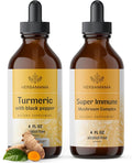 HERBAMAMA Liquid Drops Kit - Bundle of Turmeric Curcumin &amp Super Immune Mushroom Complex Tincture - Vegan Non-GMO Sugar &amp Alcohol-Free - 2 Pack
