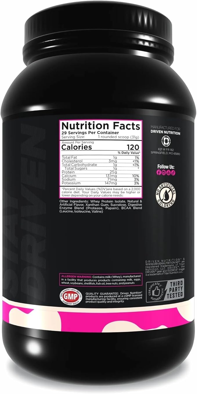 Driven Nutrition IsoDrive Whey Isolate Protein Powder 2lb (Vanilla) – 25g Protein Enzyme Enhanced for Absorption Ultra Clean