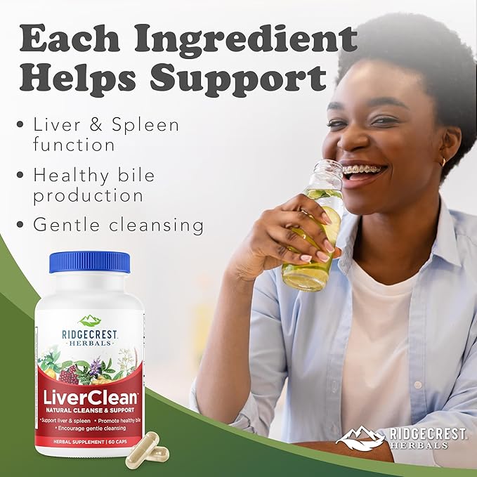 Ridgecrest Herbals LiverClean Herbal Liver Support Supplement Blessed Thistle Dandelion Detox Cleanse Support Healthy Bile (60 Caps 30 Serv)