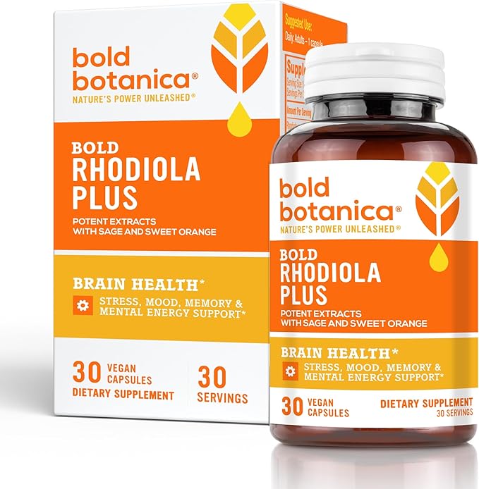 Bold Botanica Rhodiola Plus — Siberian Rhodiola Rosea Extract Supplement 8mg Rosavins 4mg Salidroside — Premium Adaptogen Supplement for Stress Memory Focus &amp Energy Support — 30 Vegan Capsule