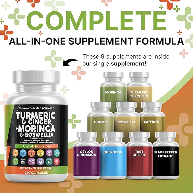 Turmeric Moringa Supplement | Ginger Boswellia Saffron - Supplement for Women and Men with Ceylon Cinnamon Tart Cherry Quercetin Garlic Nettle Holy Basil - 2Pack