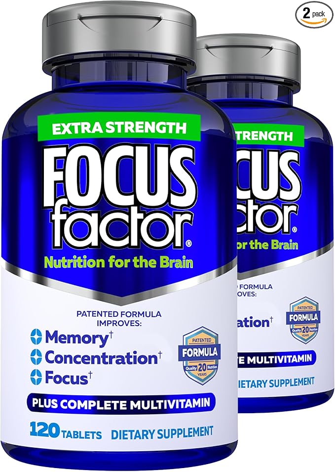 Focus Factor Adults Extra Strength 120 Count - Brain Supplement for Memory Concentration and Focus - Complete Multivitamin with DMAE Vitamin D DHA - Trusted Health Vitamins (Pack of 2)