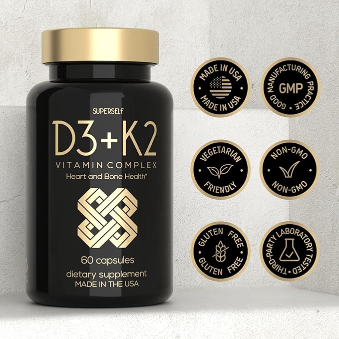 SuperSelf Vitamin D3 K2 Capsules - Vitamin D3 5000 IU and Vitamin K MK7 100mcg - 60 Capsules - USA Made Vegetarian Vitamin D Supplement - High Strength VIT D for Bones Muscle Teeth Immune System