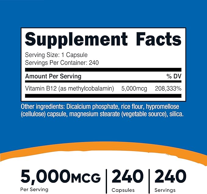 Nutricost Vitamin B12 (Methylcobalamin) 5000mcg 240 Capsules - Vegetarian Caps Non-GMO Gluten Free B12 Supplement