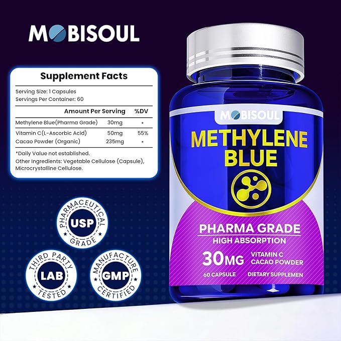 Methylene Blue Capsules 30mg USP Pharma Grade Methylene Blue Supplement with Vitamin C &amp Organic Cacao High Absorption Support - 60 Capsules