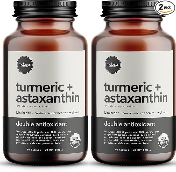 Organic Astaxanthin 12mg Plus Turmeric 1500mg Black Pepper Extract High Absorption Eye Heart Skin Joint Vegan Gluten-Free Non-GMO Double Antioxidant Turmeric Curcumin Supplement 60-Days