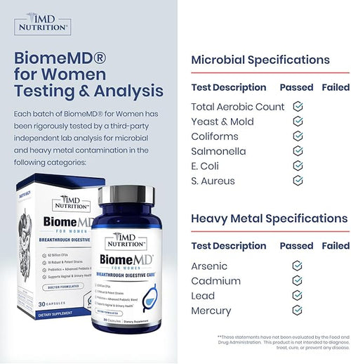 1MD Nutrition BiomeMD Probiotics for Women - 62 Billion CFUs 16 Strains with Prebiotics | Supports Vaginal &amp Urinary Health - Doctor-Formulated | 30 Capsules (2-Pack)