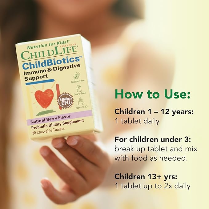 CHILDLIFE ESSENTIALS Childbiotics Immune &amp Digestive Support - Kids Probiotic Probiotics for Kids &amp Toddlers Childrens Chewable Probiotic for Gut Health - Natural Berry 30 Chewable Tablets