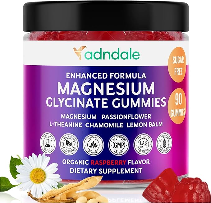 Adndale 90CT Magnesium Glycinate Gummies. Sugar Free Chews for Adults &amp Kids. Raspberry Flavour