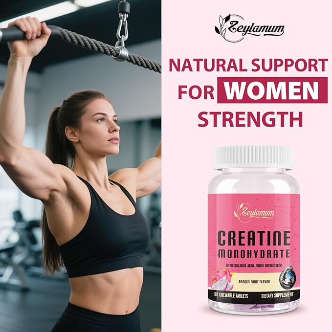Creatine for Women | with Hydrolyzed Collagen BCAA | 3G Creatine Chews for Women Booty Gain Lean Muscles Recovery &amp Energy Vegan Sugar Free Creatine Powder Alternative 60 Servings