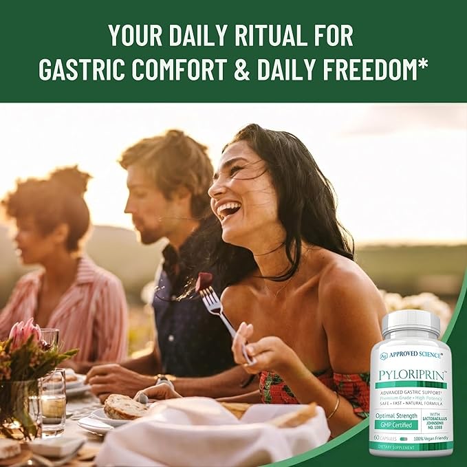 Approved Science Pyloriprin - Advanced Digestive Support for A Healthy Stomach - Zinc L-Carnosine Probiotic Broccoli Sprout Deglycyrrhized Licorice - 360 Capsules - six Month Supply - Vegan