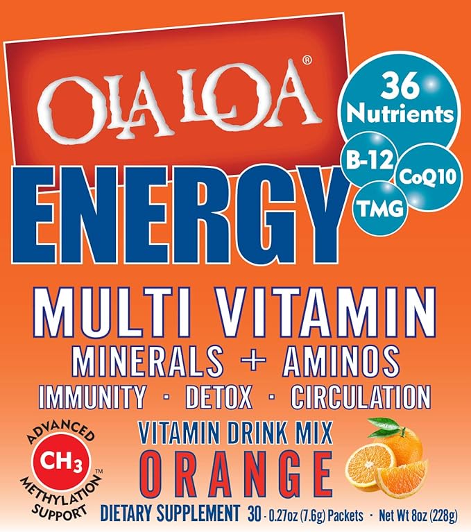Ola Loa Energy Orange Multi Vitamin Drink Mix - Amino Energy Powder Gluten Free Detox Dairy Free Caffeine Free - Drink Your Vitamins for the Rigors of Daily Life - 30 Packets (8.25oz)