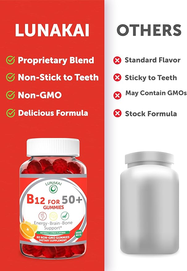 Lunakai USA Made Vitamin B12 Gummies for Adults 50+ Non-GMO B12 for Energy &amp Vitality Boost Delicious Orange Flavor 60ct