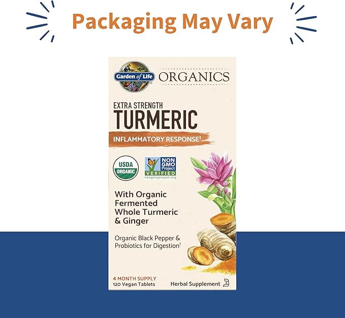 Garden of Life Organics Extra Strength Turmeric Inflammatory Response 120 Tablets-100Mg Curcumin (95% Curcuminoids) Black Pepper Probiotics Organic Non-GMO Vegan Gluten Free Herbal Supplement