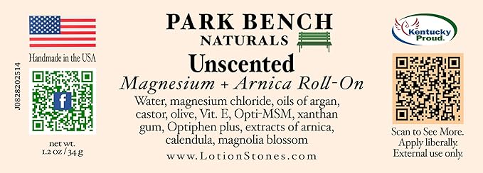 Park Bench Naturals Magnesium Roll-On with Arnica and MSM Unscented Natural Relief Formula 1.2 oz Glass Bottle Made in USA