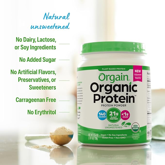 Orgain Organic Vegan Protein Powder Natural Unsweetened - 21g of Unflavored Plant Protein 4g Prebiotic Fiber Low Net Carbs No Added Sugar Non-GMO For Shakes &amp Recipes 1.59 lb