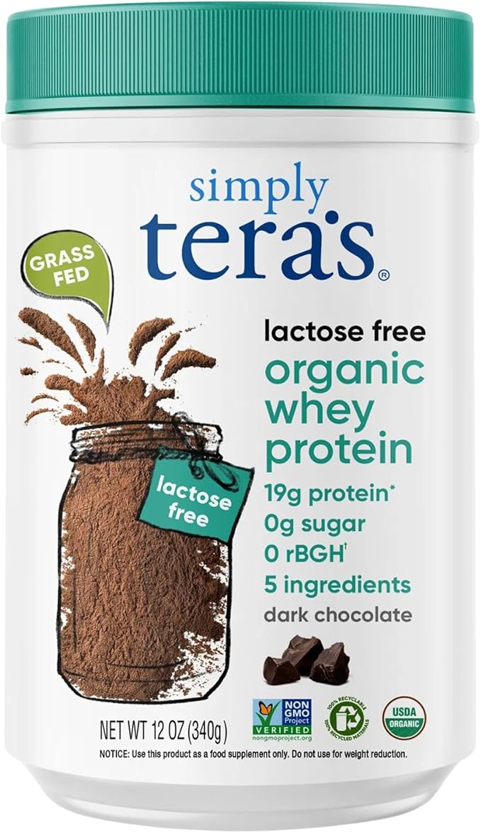 Simply tera's Lactose Free Organic Whey Protein Powder - Lactose Free Dark Chocolate 19g of Protein Per Serving Non-GMO Gluten-Free rBGH-Free Kosher - 12 Oz