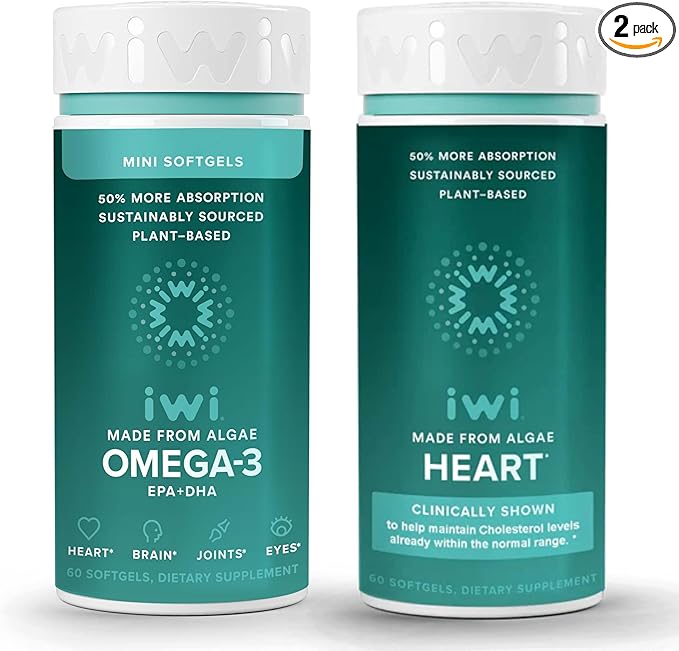 Iwi Omega-3 Minis &amp Heart Omega-3 Bundle 30 Servings Vegan Plant-Based Algae Omega 3 Krill &amp Fish Oil Alternative No Fishy Aftertaste