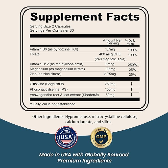 Brain Health Supplement–Memory Focus &amp Brain Nourishment Support with Cognizin Citicoline Phosphatidylserine Shoden Ashwagandha B Vitamins Magnesium &amp Zinc–60 NutriWit Capsules