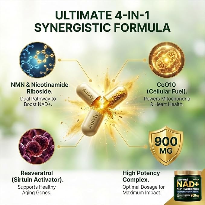 Liposomal NAD+ NMN Supplement with COQ10 Nicotinamide Riboside Trans-Resveratrol 900mg 90 Veggie Capsules