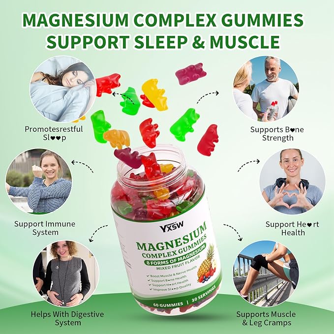 Magnesium Complex Gummies 8 Elemental 1000mg - Magnesium Glycinate Citrate Malate Taurate for Bones Muscle Nerve Health for Women &amp Men Vegan Non-GMO Mixed Flavors 120 Count
