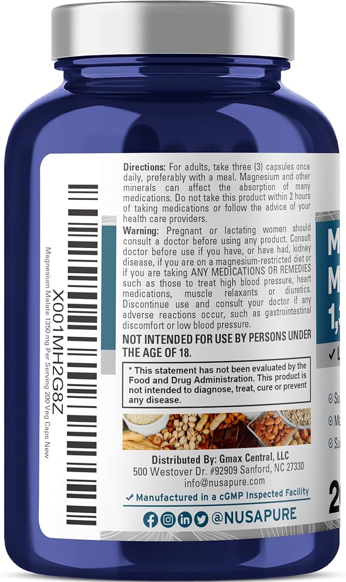 NusaPure Magnesium Malate 1350mg 200 Veggie Capsules (Vegan Non-GMO Vegan) (Pack of 2)