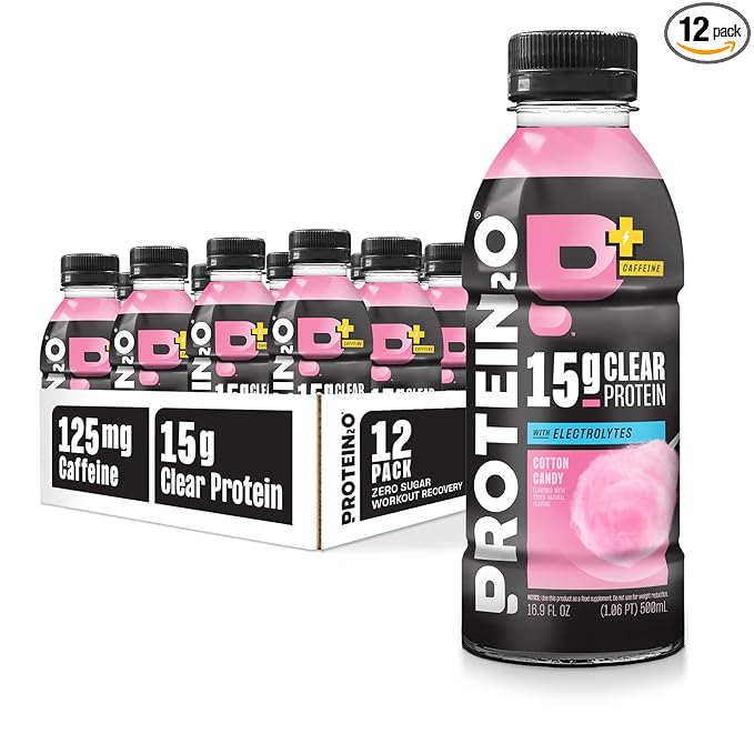 Protein2o 15g Whey Protein Isolate Hydration Drink Plus Energy &amp Focus 350mg of Electrolytes Vitamins B5 &amp B6 Sugar Free Cotton Candy 16.9 oz Bottle (Pack of 12)