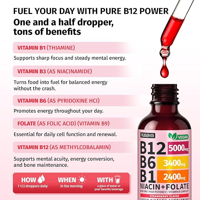 (2 Pack) Vitamin B12 and B6 Liquid Drops B12 Sublingual Vitamin B Complex - B 12 Vitamin 5000mcg - B12 Methylcobalamin for Energy Brain and Heart Support with 27200 mcg Strawberry 80 Servings