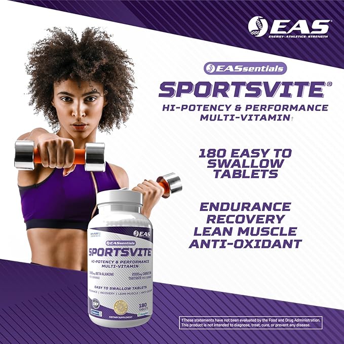 EAS SportsVite High Potency Multivitamin for Athletes | Vitamin &amp Mineral Nutrient Blend | 2300mg Beta Alanine 2000mg Carnitine Tartrate | 180 Tablets