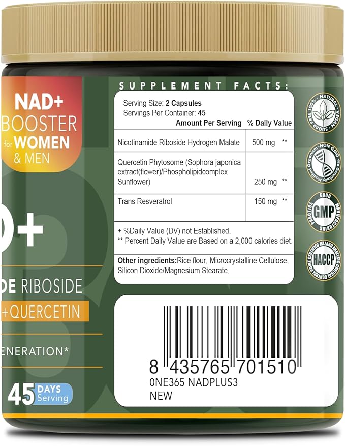 NAD + Supplement Liposomal Nicotinamide Riboside Resveratrol Quercetin Anti-Aging Antioxidant NAD Plus Booster Supplements for Women &amp Men Hair Skin Nails 90 Capsules NMN Alternative 800mg