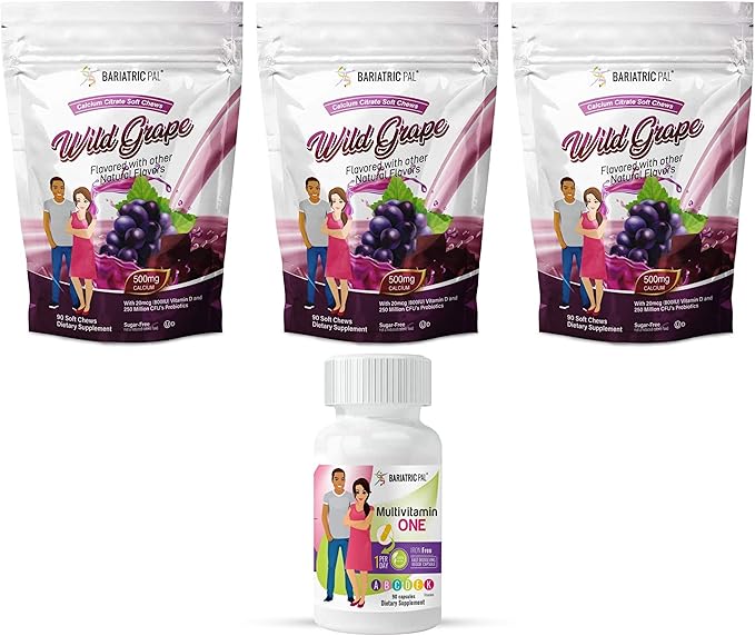 90-Day Bariatric Vitamin Bundle by BariatricPal (Multivitamin ONE 1 per Day! Iron-Free Capsule and Calcium Citrate Soft Chews 500mg with Probiotics - Wild Grape)