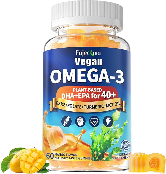 Vegan Omega 3 Gummies for Women Men 40+: 1280mg Algae Omega 3 Fatty Acid Supplements with DHA EPA Omega3 Vitamin D3 K2 Coq10 Zinc Support Brain Health - Adults Fish Oil Alternative (60Count)