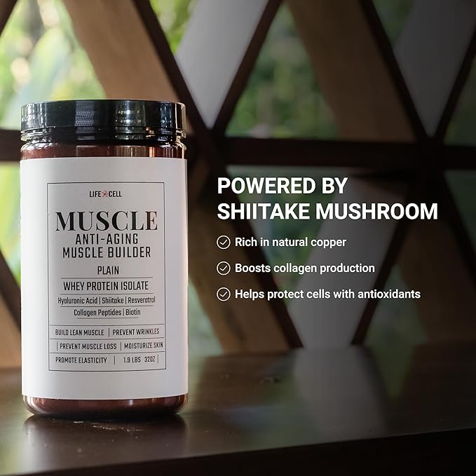 LifeCell Whey Protein – Anti-Aging Muscle Builder with Shiitake Mushroom Collagen &amp Hyaluronic Acid – Chocolate No Sugar Added Soy-Free Gluten-Free 600g (18 Servings)