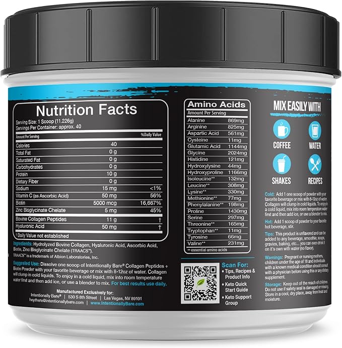 Intentionally Bare Collagen Powder Unflavored - Collagen Peptides Powder with Biotin &amp Hyaluronic Acid - Non-GMO &amp Grass Fed Collagen Protein Powder with 10g Protein - Keto Collagen Powder 40