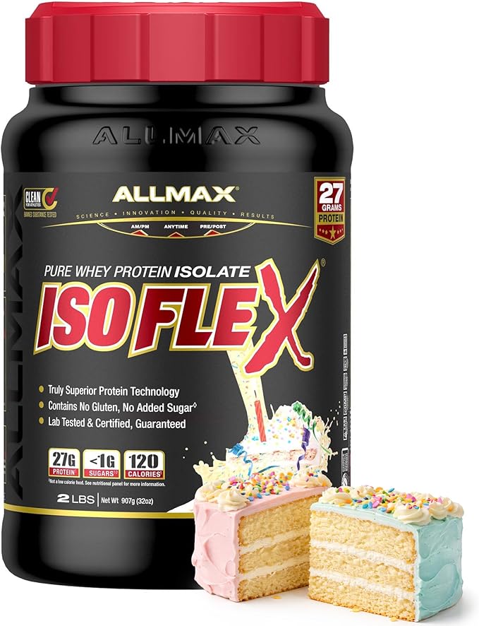 ALLMAX ISOFLEX Pure Whey Isolate Protein Powder - Gluten Free Low Lactose Sugar-Free - High-Protein Clean Keto-Friendly for Pre Post Workout Supplement for Women and Men | Birthday Cake 2lb