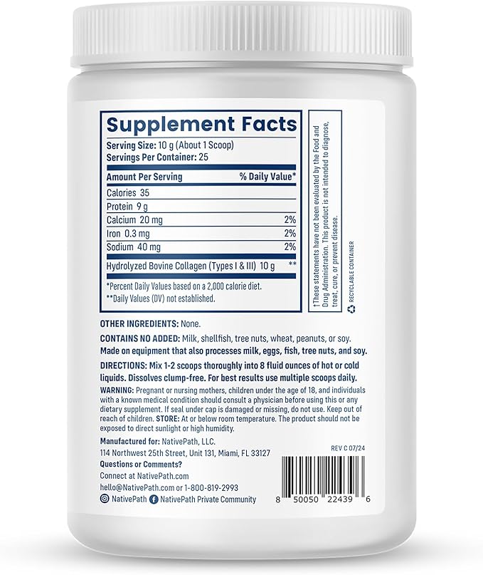 NativePath Collagen Peptides - Hydrolyzed Type 1 &amp 3 Collagen Powder for Skin Hair Nails - 8.8 oz (25 Servings) (Pack of 2)