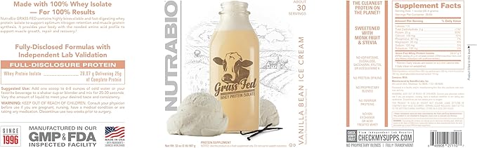 NutraBio Grass Fed Whey Isolate Protein Powder - 25G of Protein Per Scoop - Sugar Free Natural Lean Muscle Protein Supplement - Vanilla Bean- 2 Pounds 29 Servings.