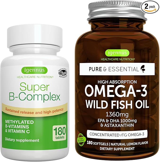 Super B-Complex 180 Tablets &amp High Absorption Omega-3 Wild Fish Oil 1360mg Bundle Methylated Sustained Release B Complex and 1000mg EPA &amp DHA with Astaxanthin by Igennus
